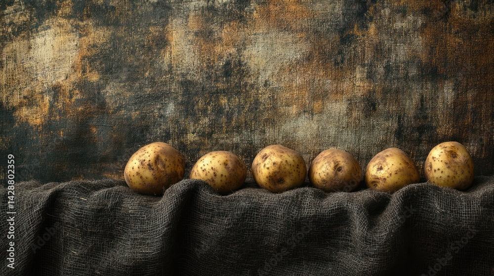 Obraz premium Rustic Potatoes on Dark Fabric, Aged Background
