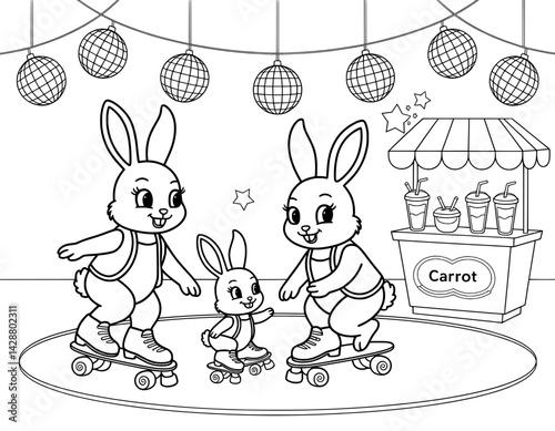A charming black and white coloring page featuring three adorable rabbits enjoying a fun fair