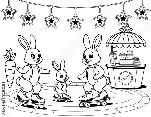 Two adorable rabbits are skateboarding around a circular area, with a food stand offering drinks and snacks in the background