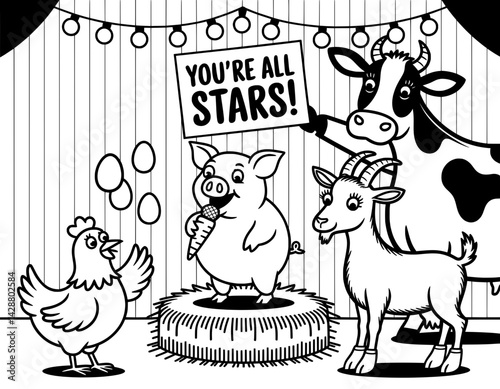 A black and white illustration of farm animals a pig, cow, goat, and chicken performing on a stage