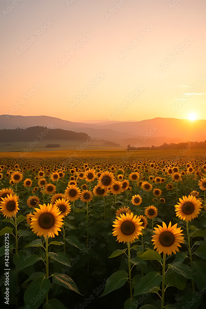 Fototapeta premium sunrise over a vast sunflower field with morning mist, golden sunlight casting long shadows, vibrant yellow petals glowing softly