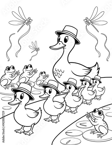 A charming black and white illustration of a mother duck and her ducklings, all wearing hats, with several frogs in the background