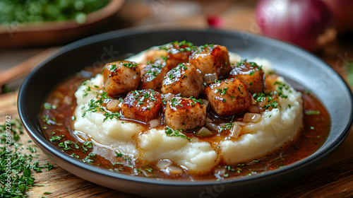 Bangers and mash served with rich onion gravy on a rustic plate