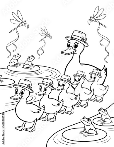 A black and white illustration of a mother duck with her ducklings, along with some frogs, and dragonflies, situated in a pond