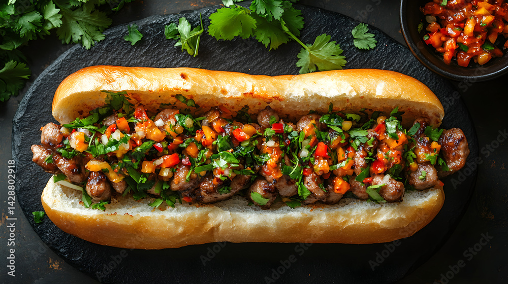 Banh Mi served on dark grey textured plate with fresh garnish top view