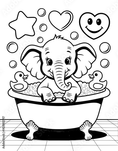 A charming black and white coloring page features a baby elephant enjoying a bath