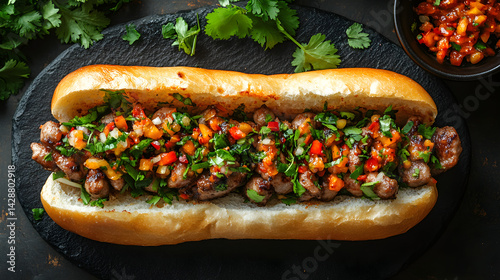 Obraz na płótnie Banh Mi served on dark grey textured plate with fresh garnish top view w salonie