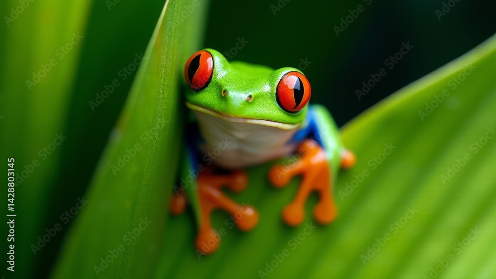 Naklejka premium Red-Eyed Tree Frog On Green Leaf