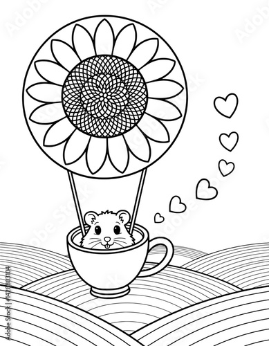 A whimsical coloring page featuring a hamster nestled in a teacup hot air balloon shaped like a sunflower
