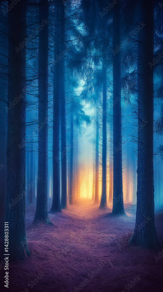 Naklejka premium God rays illuminate misty pine forest during a serene summer evening