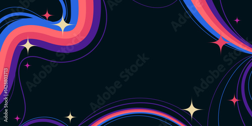 Abstract Design with Cartoon Squiggle Wavy Lines and Sparkling Stars on Black Background. Retro cosmic swirls with vibrant movement. Perfect for futuristic prints, party and space themes