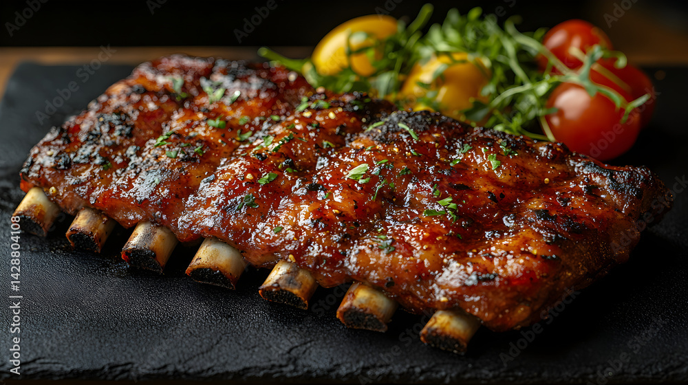 Barbecue Ribs presented on a black textured surface with elegant side garnishing