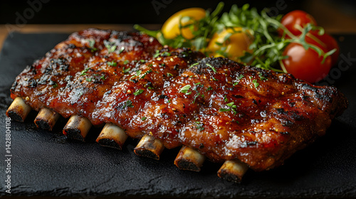 Obraz na płótnie Barbecue Ribs presented on a black textured surface with elegant side garnishing w salonie
