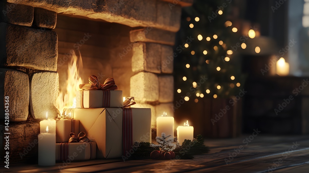 Naklejka premium Warm and inviting fireplace surrounded by candles and presents creating a cozy holiday atmosphere