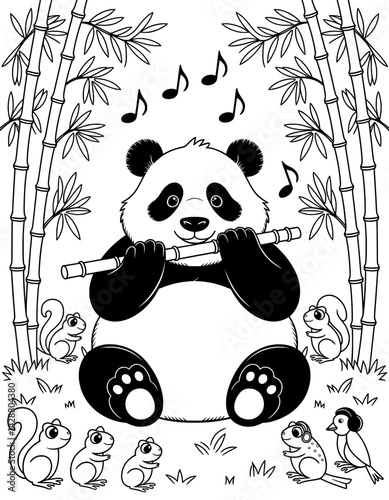 A black and white illustration of a panda playing a bamboo flute surrounded by bamboo trees, squirrels, and frogs