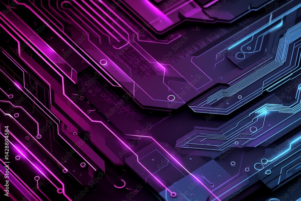 Futuristic high-tech background with neon lights and circuit patterns.