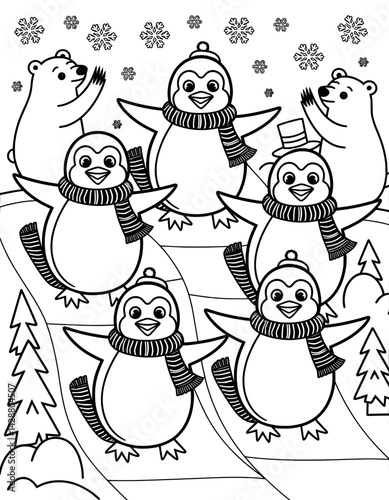 A whimsical black and white illustration featuring penguins and a polar bear, depicted in a joyful pose, gliding on a snowy landscape