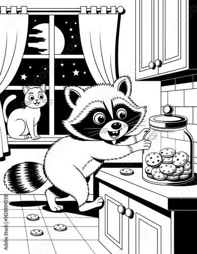 A playful black and white illustration of a raccoon reaching into a cookie jar in a cozy kitchen at night