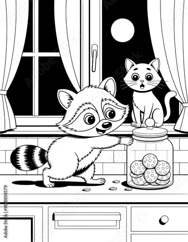 A black and white illustration of a raccoon trying to get cookies from a jar on a kitchen counter at night