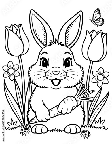 A charming black and white coloring page featuring a friendly cartoon bunny holding a carrot amidst vibrant spring flowers