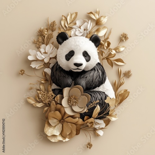 Cute panda in golden flowers; decorative; artistic image; for print, greeting card photo