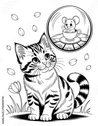 A whimsical black and white coloring page features a charming kitten looking thoughtfully at a mouse nestled in a teacup