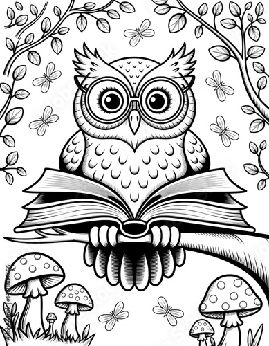 A whimsical black and white coloring page featuring a charming owl wearing glasses and holding an open book