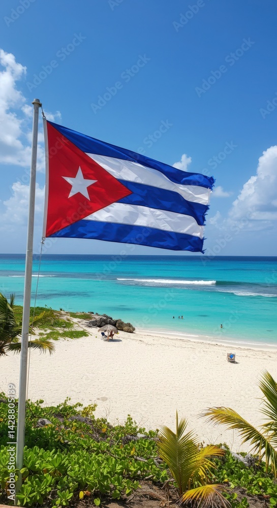 Fototapeta premium Cuba Flag Caribbean Beach Tropical Landscape Background