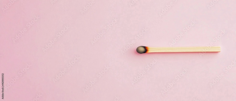 Burnt matchstick on pink background, symbolizing burnout, exhaustion, and the end of an idea or passion