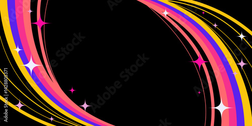 Abstract Colorful Frame with Squiggle Wavy Lines and Sparkling Stars on Black Background. Retro cosmic swirls with vibrant movement. Perfect for futuristic prints, party and space themes