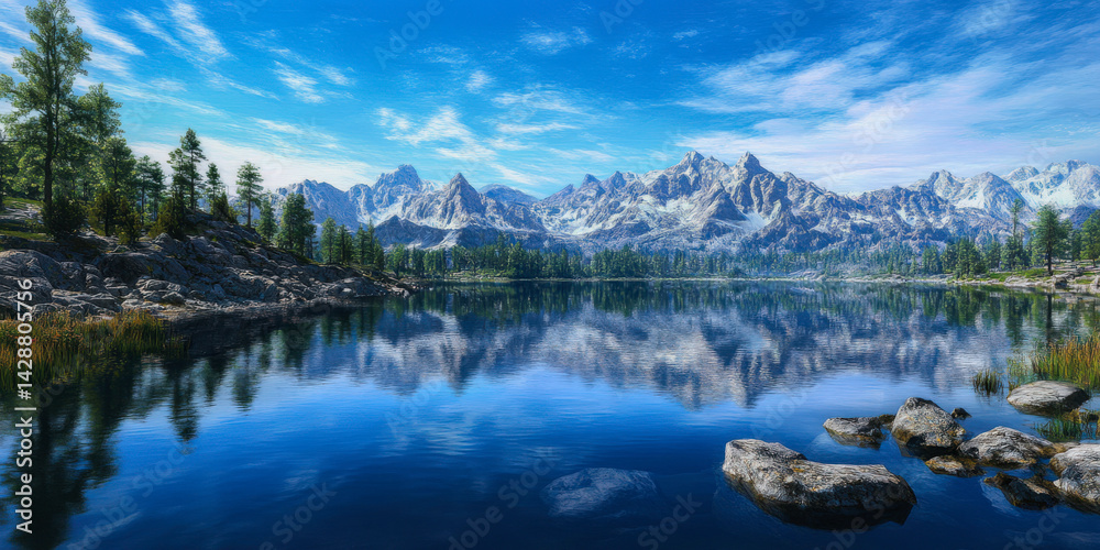 Majestic mountain lake reflecting stunning peaks and clear blue skies during a serene day Majestic mountain lake reflecting stunning peaks and clear blue skies during a serene day