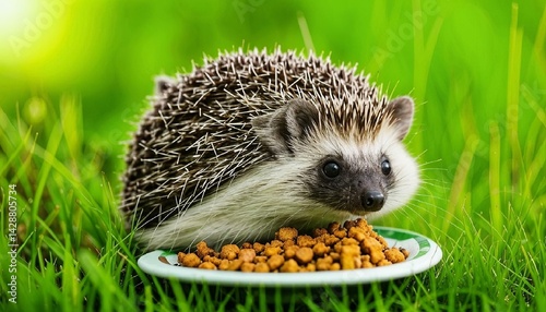 A hedgehog enjoys a meal from a plate filled with dry pet food in lush green grass. AI generated.
