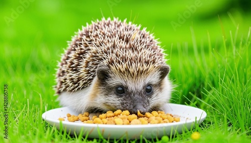 Obraz na płótnie A hedgehog enjoys a meal from a plate filled with dry pet food in lush green grass. AI generated.
w salonie