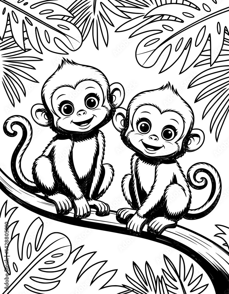 Fototapeta premium Two charming baby monkeys sit on a branch, surrounded by lush tropical foliage