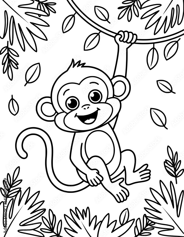 Fototapeta premium A cheerful monkey is depicted hanging from a vine amidst lush jungle foliage