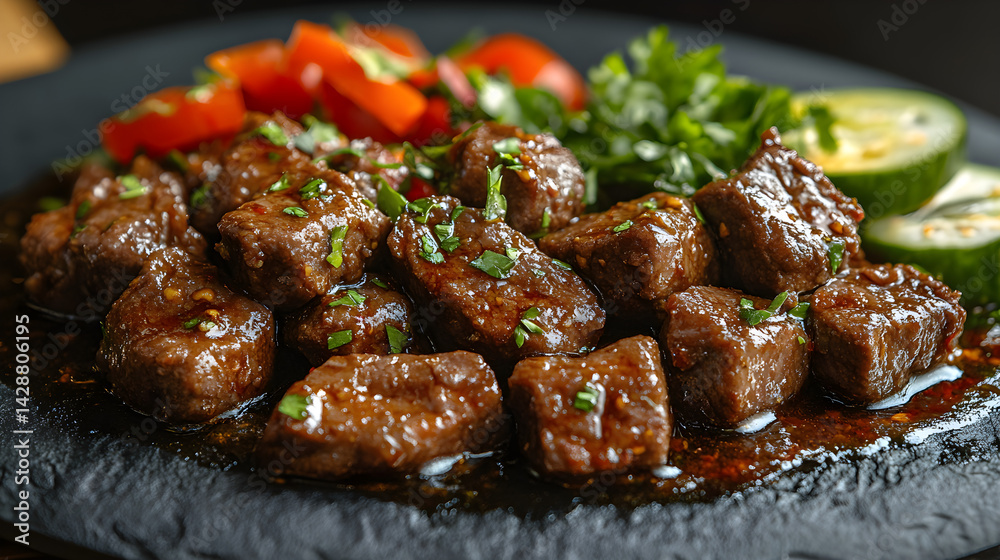 Beef Rendang presented on a black textured surface with elegant side garnishing