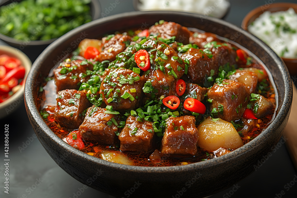 Beef Rendang styled on dark grey background with clean plating and props