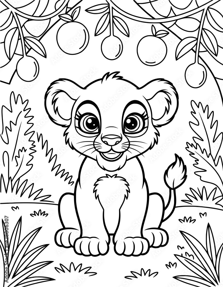 A charming black and white illustration of a playful lion cub sitting amidst foliage and fruit-laden trees A charming black and white illustration of a playful lion cub sitting amidst foliage and fruit-laden trees