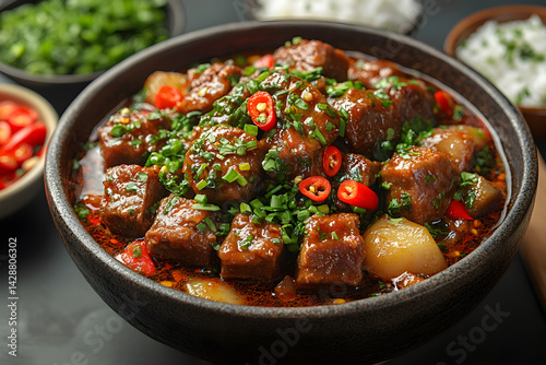 Obraz na płótnie Beef Rendang styled on dark grey background with clean plating and props w salonie