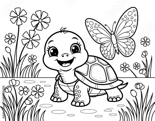 A cheerful black and white coloring page featuring a happy cartoon turtle and a beautiful butterfly in a flower-filled garden setting