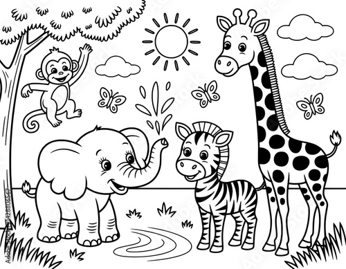 A whimsical and child-friendly coloring page featuring a monkey, elephant, zebra, and giraffe in a serene jungle setting