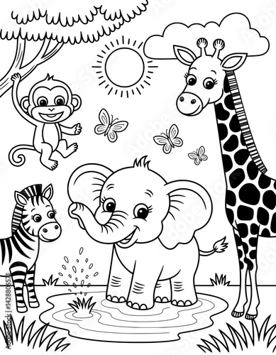 A cheerful black and white coloring page featuring a playful giraffe, monkey, zebra, and elephant in a whimsical African savanna scene