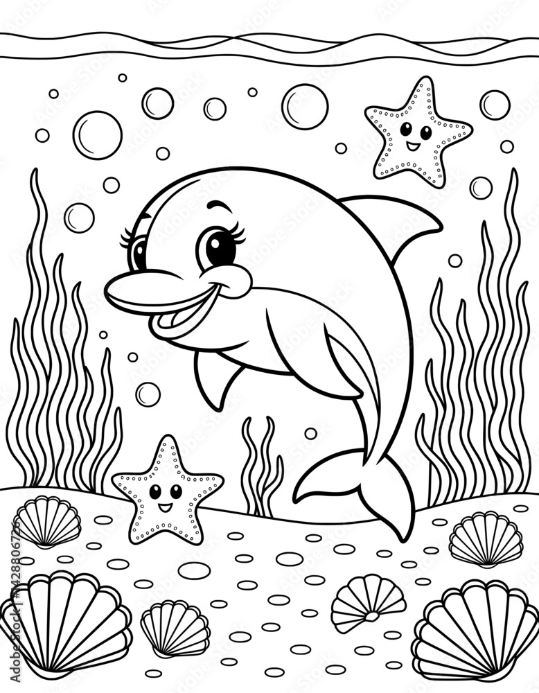 Fototapeta premium A cheerful, cartoon dolphin is swimming in an underwater scene filled with sea stars, bubbles, and seashells