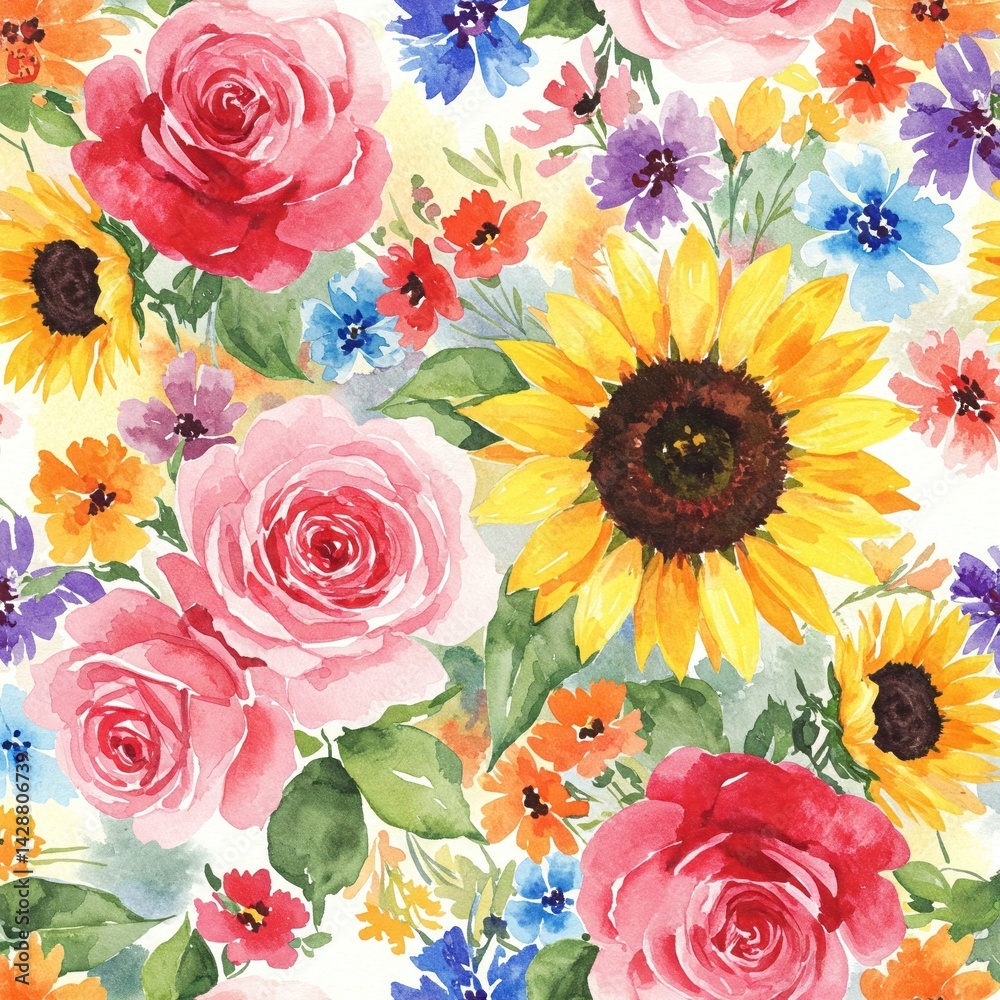 Fototapeta premium Watercolor flowers, including roses and sunflowers, create a vibrant pattern.