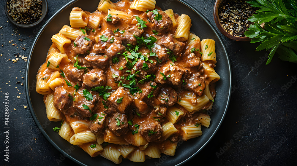 Beef Stroganoff served on dark grey textured plate with fresh garnish top view