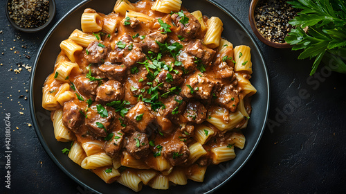 Obraz na płótnie Beef Stroganoff served on dark grey textured plate with fresh garnish top view w salonie
