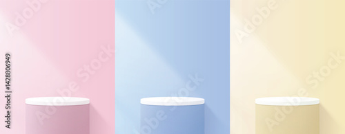 Podium set in pastel colors, pink, blue and yellow abstract room or studio with round stage. Realistic podium with shadow for branding or cosmetic, healthcare product presentation.
