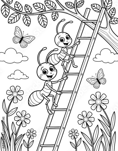 Two cheerful cartoon ants are depicted climbing a wooden ladder amidst a vibrant spring garden filled with flowers and butterflies
