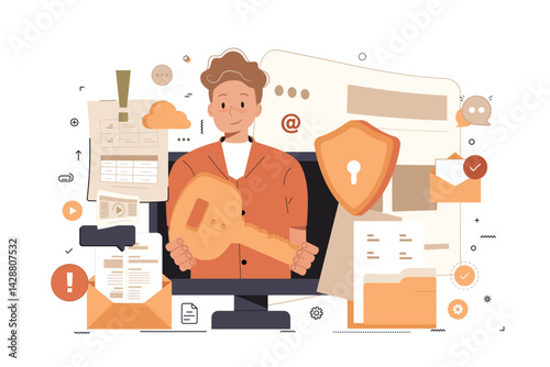 Cyber security web concept with cartoon person design. Man using online protection system for personal computer files with encryption defending. Flat vector illustration isolated on white background