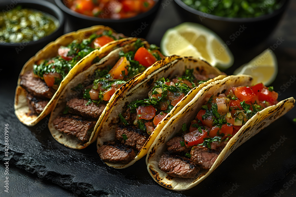 Beef Tacos styled on rustic black stone table with side ingredients